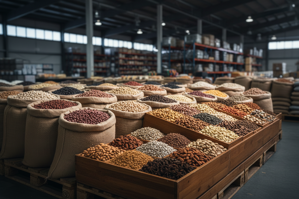 Burlap sacks of beans, nuts and seeds in a warehouse