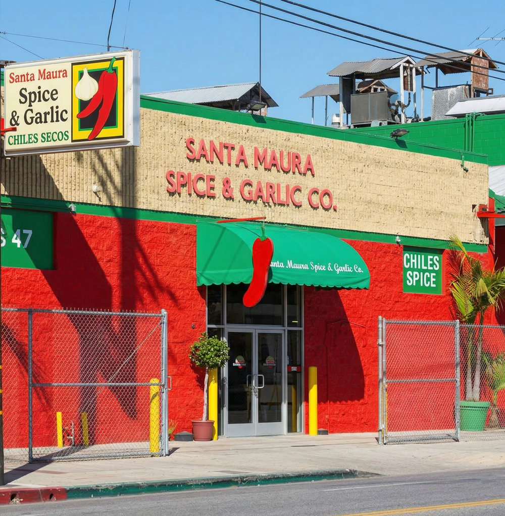 The Santa Maura Spice & Garlic Co. building on Central Avenue with dried chiles and spices